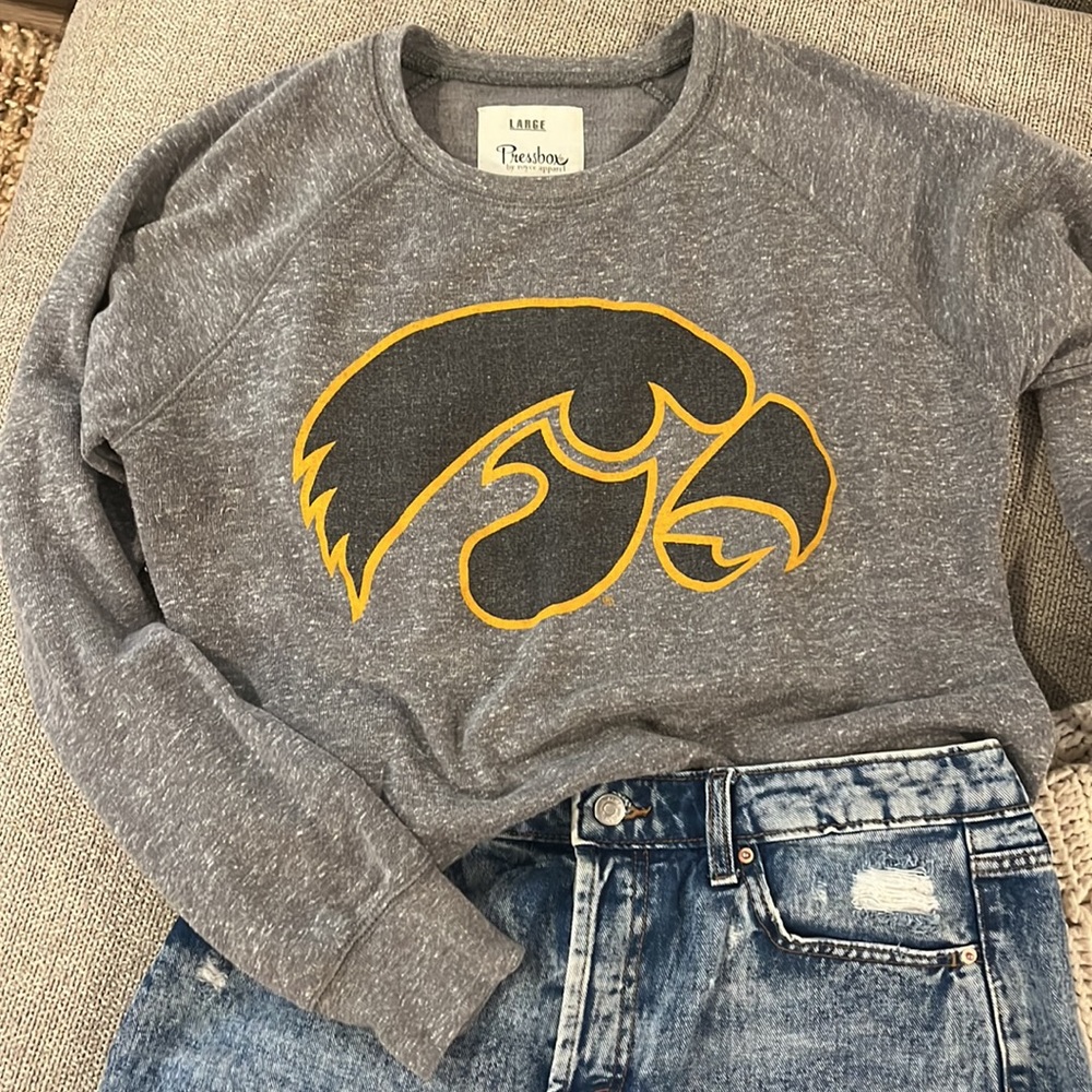 Iowa Hawkeyes Pressbox Women's Gray Crewneck Sweatshirt with Gold & Black Logo